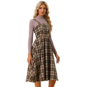 Plaid Overalls Vintage A-Line Overall Pinafore Dress Suspender Skirt Brown